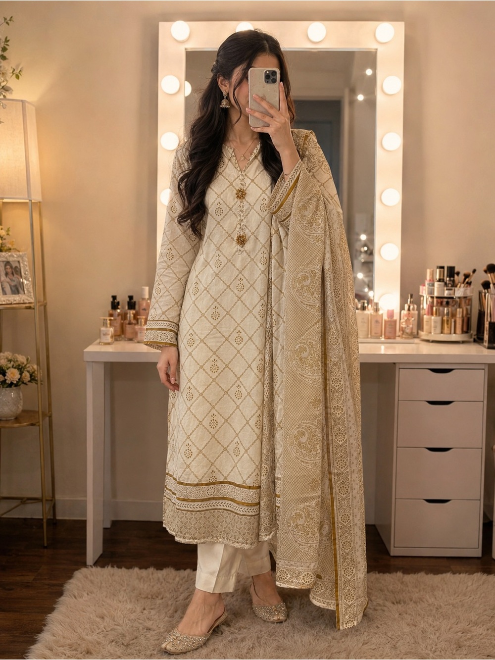 Cream Embroidered Kurta Set with Matching Dupatta
